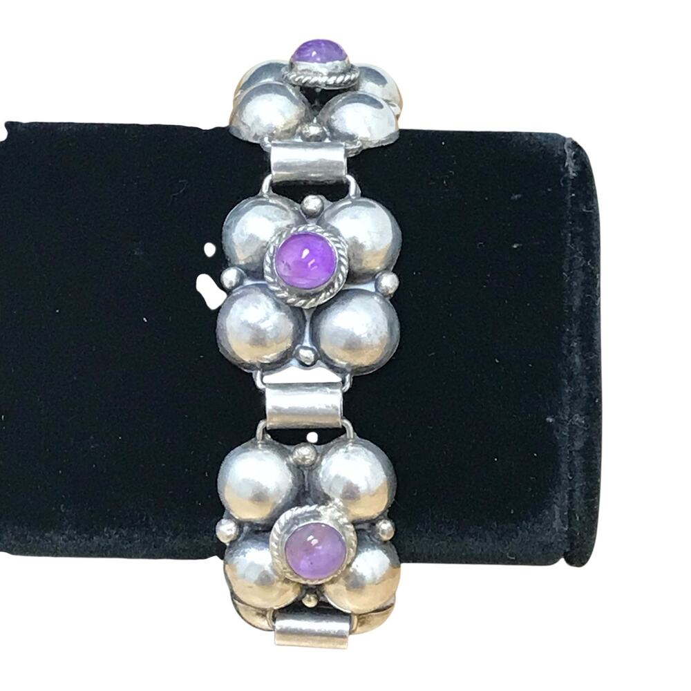 Sterling Silver Mexico Amethyst Bezel Set Panel Bracelet 52g 8” Estate Hand Made